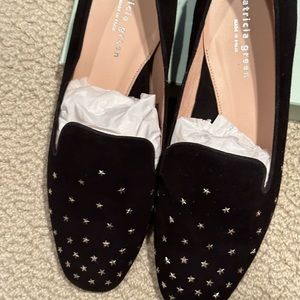 Patricia Green Celeste black suede gold stars. Loafer style. Size 10 fits 9/9.5